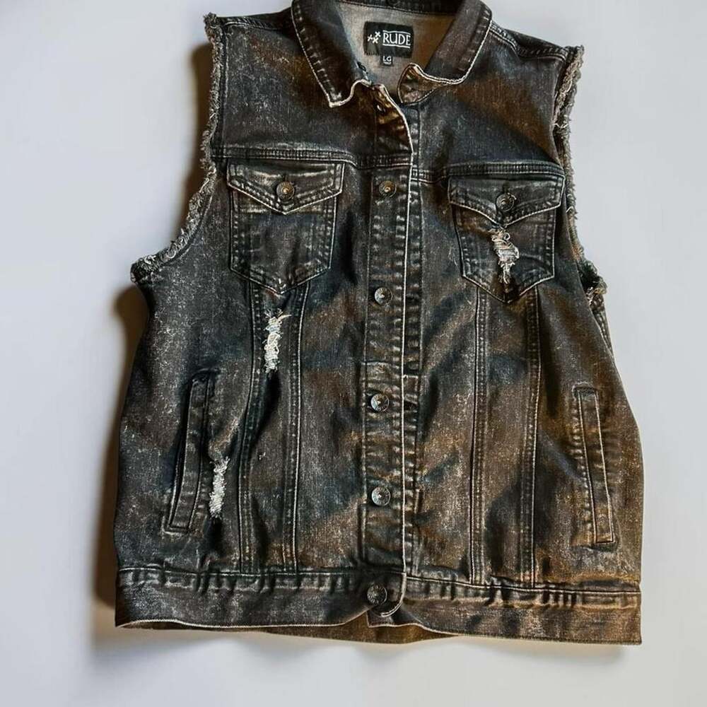 RUDE Distressed Black Denim Vest Size LG